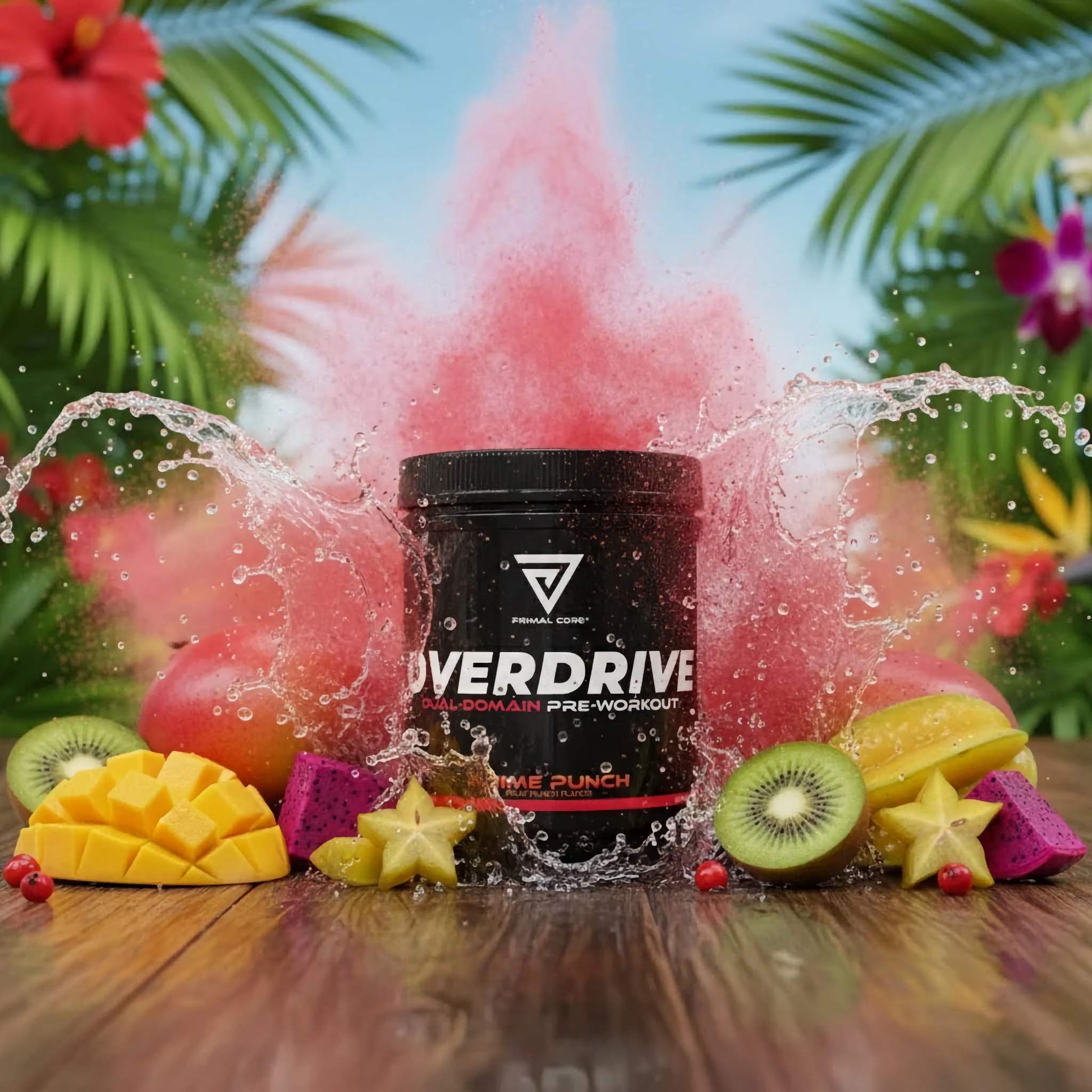 Primal Core Overdrive pre-workout supplement with colorful powder and fruits on a wooden surface