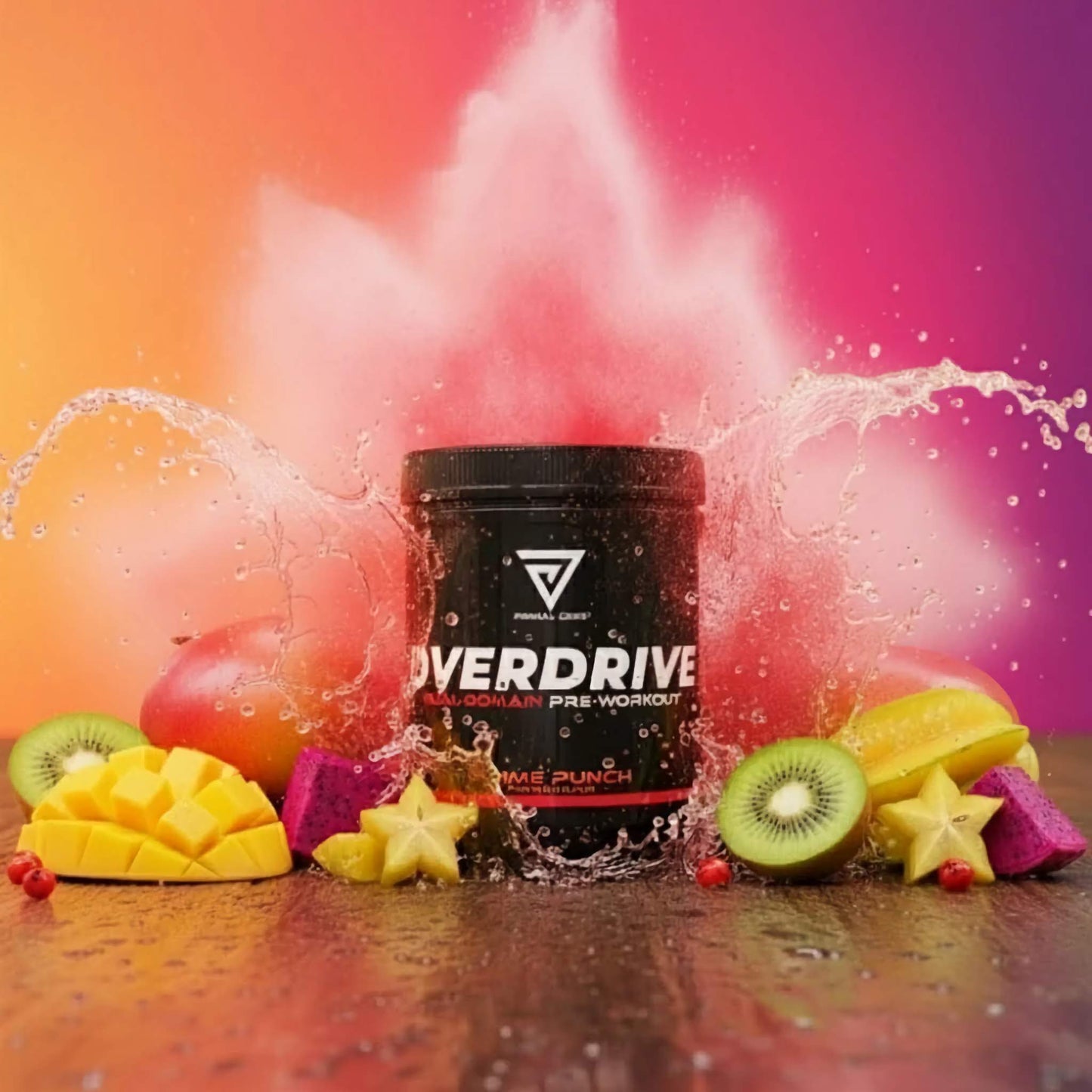 Primal Core Pre-workout supplement container labeled 'Overdrive' with colorful fruit on a vibrant background