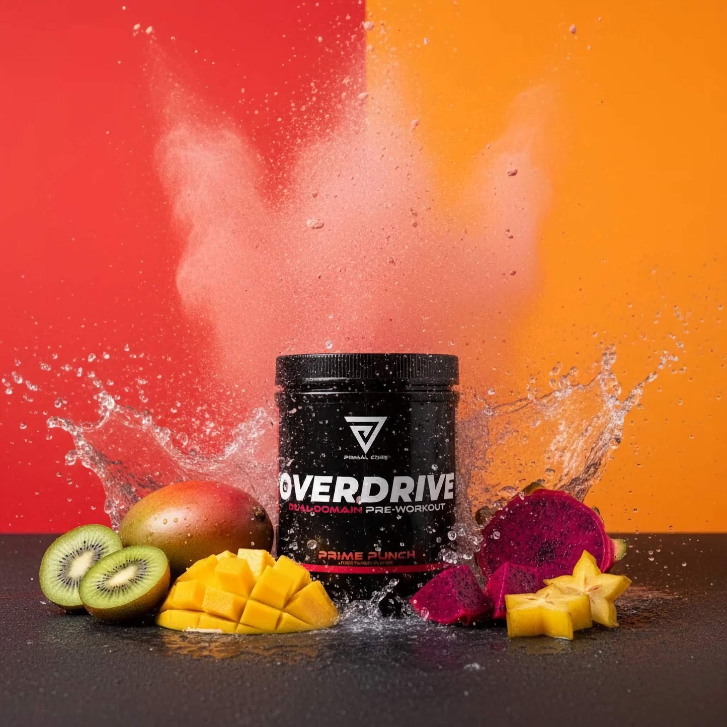 Primal Core Overdrive pre-workout supplement with fruit on a colorful background